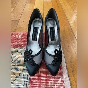 Vintage Stuart Weitzman for Mr. Seymour black satin mesh beaded pumps